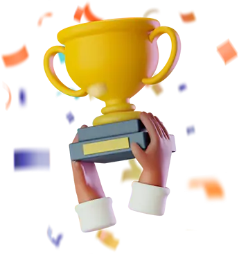 Manos sosteniendo un trofeo en una ilustración 3D, celebrando el éxito y la innovación en 301.
